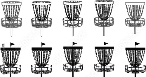 Disc golf basket silhouettes, black vector set, chain catcher icons, flag-topped designs, sport equipment, outdoor game gear, silhouette pack, disc golf targets, basket styles, recreational graphics