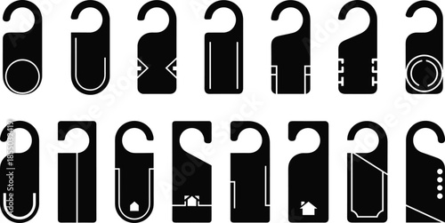 Door hanger silhouettes, black vector icons, signage design, hotel privacy signs, geometric shapes, decorative borders, house symbols, arrow icons, silhouette set, graphic clipart