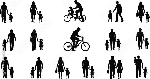 Family silhouettes, parent and child, walking together, bicycle training, outdoor activity, black vector icons, caregiving moments, companionship, silhouette set, bonding scenes