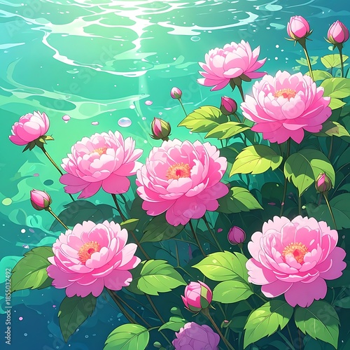 Pink flowers bloom near water's surface, with sunlight filtering through the ripples above. Bright, colorful, serene