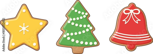Festive assortment of three decorated Christmas cookies: a star, a tree, and a bell, perfect for holiday baking themes.