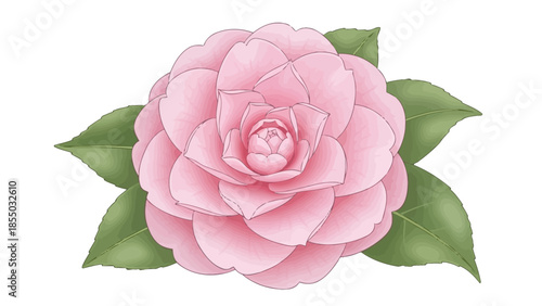 Beautiful Pink Camellia Flower with Green Leaves - Delicate Blossom Illustration