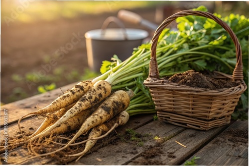 freshly dug parsnips with soil still clinging to the roots,