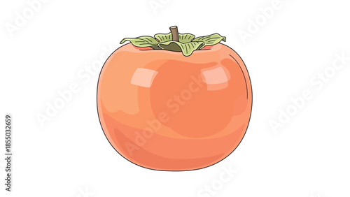 A vibrant, ripe persimmon fruit with a green stem and leaves, isolated on a white background, showcasing its smooth, glossy orange skin