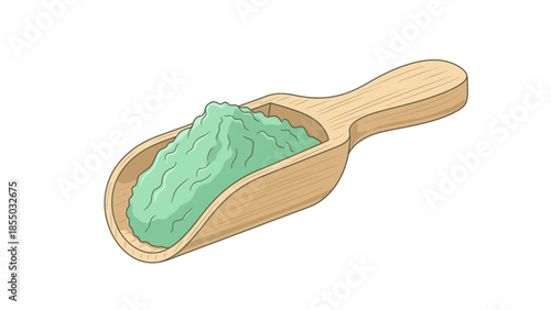Vibrant green powder in a rustic wooden scoop, ideal for natural wellness, culinary arts, or cosmetic preparations