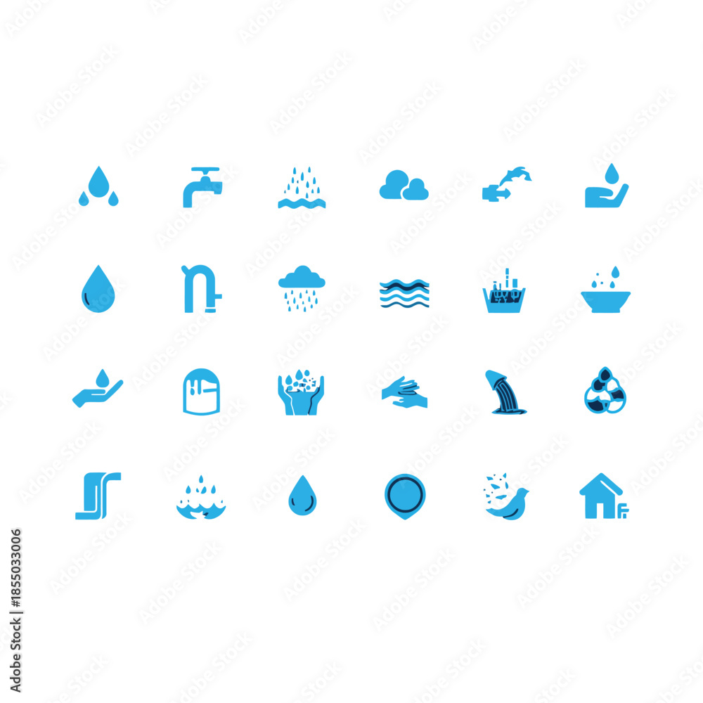 Fototapeta premium Versatile Blue Water Icons Bundle Featuring Essential Symbols like Water Drop Faucet Rain Cloud Sea Wave Bathtub
