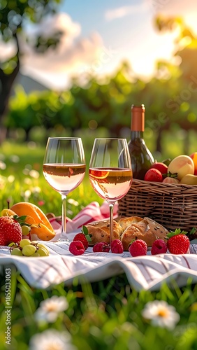 Picnic with wine and fruit in a woven basket on a blanket in sunny meadow