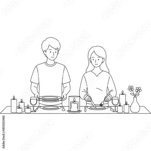 Couple preparing a romantic dinner with candles and flowers Vector