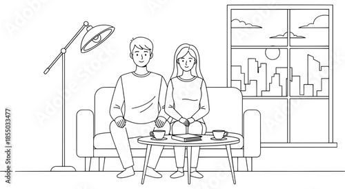 Couple sitting on a couch with coffee in front of a city window Vector