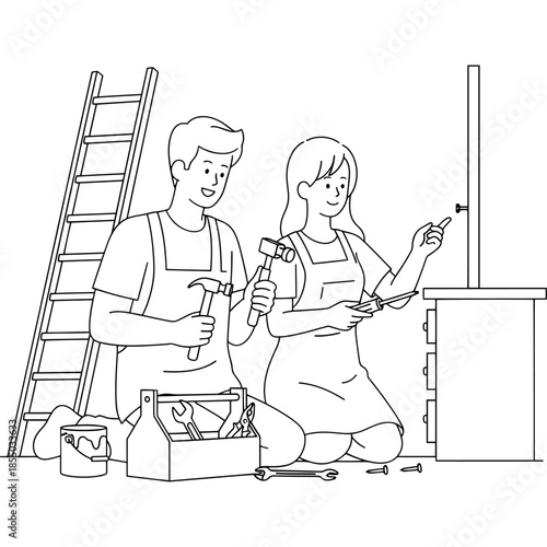 Couple assembling furniture together with tools and ladder nearby Vector