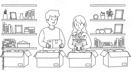 Couple packing boxes and plants for moving house Vector