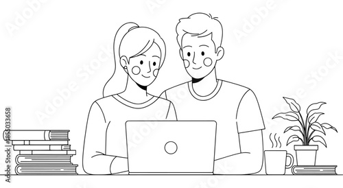 Couple working together on a laptop with books and coffee Vector