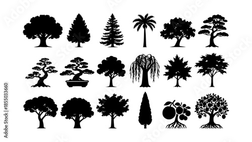 Forest Tree Silhouette Vector Icon Set with Seasonal Foliage