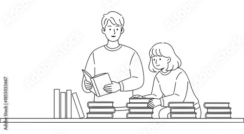 Two people studying at a table full of books Vector