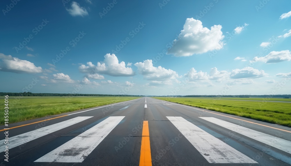 Fototapeta premium Empty airport runway stretches towards horizon under bright blue sky with fluffy clouds. Asphalt path marked with white and yellow lines is ready for aircraft.