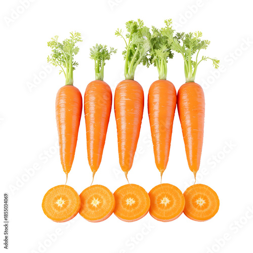 Fresh Organic Orange Carrots with Green Tops and Slices Transparent PNG Easy to Edit