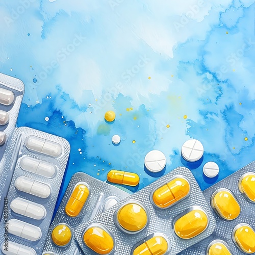 Pills and capsules in blister packs scattered on a watercolor background with blue gradient and splatter effects