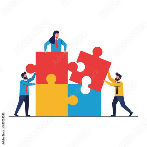 Collaborative business colleagues assemble giant geometric puzzle pieces in a pure flat 2D vector illustration, symbolizing successful synergy and teamwork with solid vibrant colors and clean lines.