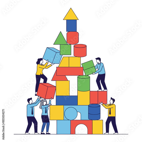 Business professionals are cooperatively stacking large, vibrant geometric blocks to build an abstract corporate structure, symbolizing scalable growth in a minimalist flat 2D vector illustration.