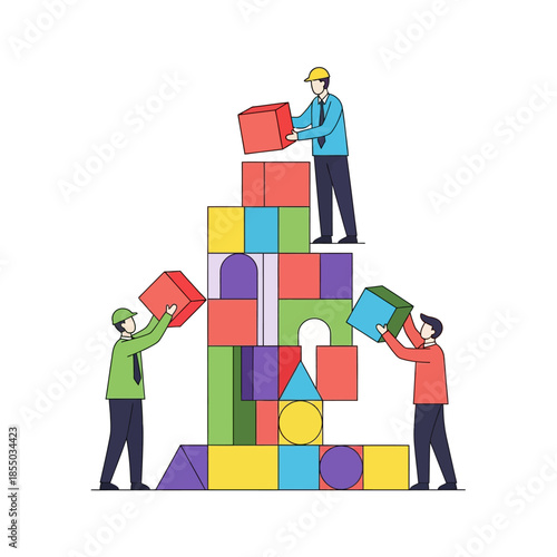 2D vector illustration: Business architects construct a stable high-rise foundation using colorful blocks, symbolizing successful project building and development teamwork.