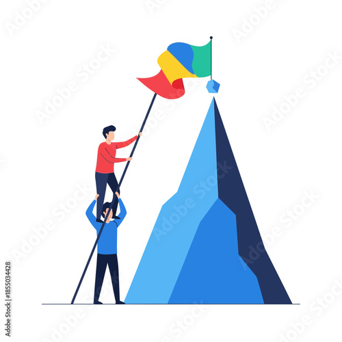 2D flat vector illustration depicting characters supported by teamwork (standing on shoulders) to reach a high geometric peak, planting a colorful flag, symbolizing mentorship and ambitious business g
