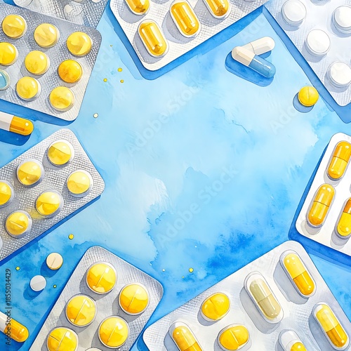 Pills & capsules in blister packs arranged around a vibrant blue watercolor background, creating a frame-like effect