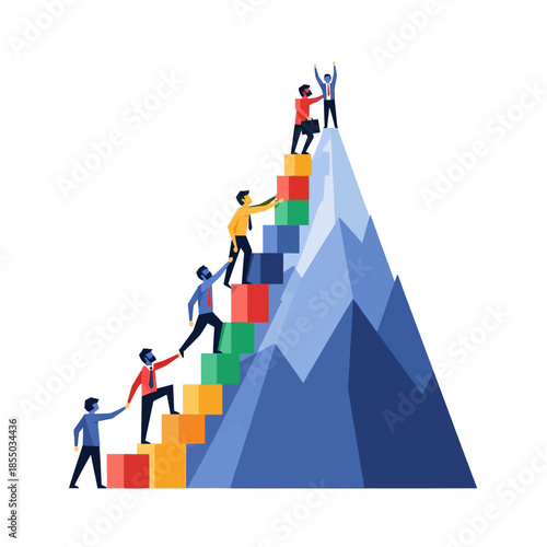 Abstract geometric 2D vector illustration of business people forming a supportive human chain and stacking vibrant colored blocks to successfully reach a high-level summit goal, emphasizing collaborat