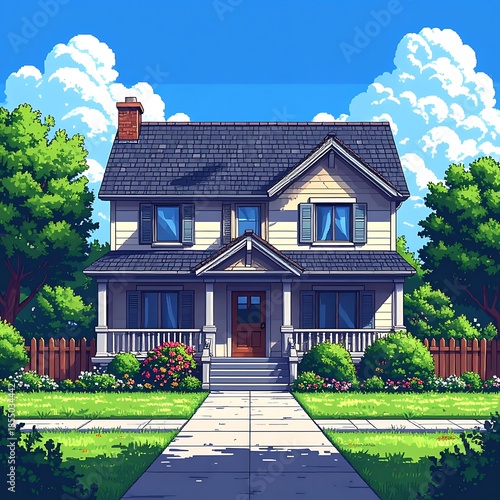Pixelated house with a yard, fence, path, trees, blue skies & fluffy white clouds on a sunny day