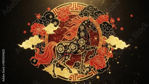 Elegant Chinese New Year greeting background featuring golden horse zodiac ornament, red decorations, warm cinematic lighting, realistic photo style