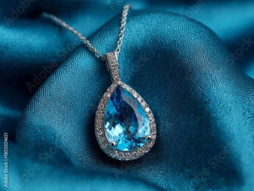 Blue topaz pendant, luxury diamond jewelry, macro photo on silk texture. Elegant silver chain, clear gemstone, expensive beauty concept. Beautiful blue topaz pendant.