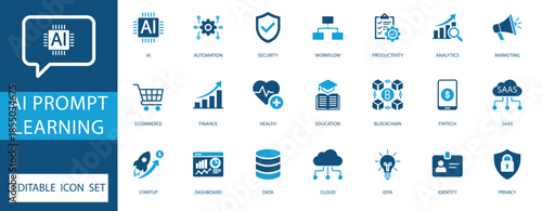 AI prompt learning icon set. featuring flat vector symbols for artificial intelligence, automation, machine learning, fintech, and data analytics.