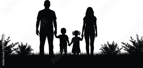 Family silhouette holding hands outdoors, parents with children, love bonding, parenthood concept, family unity, outdoor lifestyle, togetherness