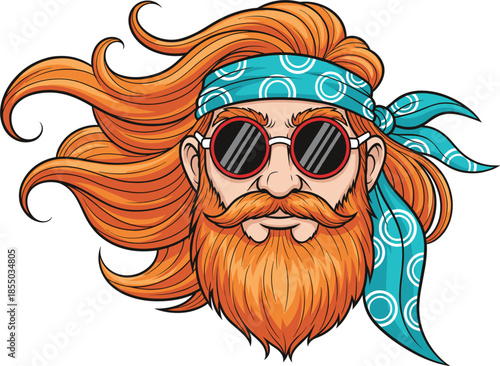 Stylish masculine portrait of a man with large beard and windswept hair wearing sunglasses and patterned scarf for male fashion and barbershop logo illustration concepts.