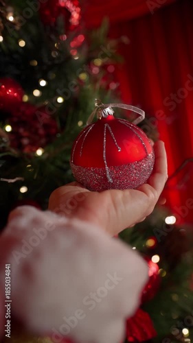 A hand holds a red Christmas ball against a background of festive lights. The concept of New Year's atmosphere.