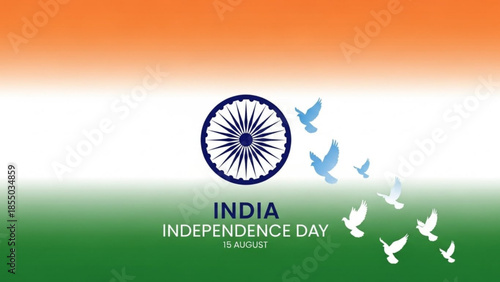 India Independence Day: A patriotic illustration, the Indian flag, adorned with the Ashoka Chakra, is depicted. Silhouettes of doves soar, celebrating freedom and national pride.