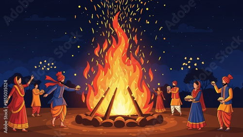 Warmth of the Bonfire: A vibrant illustration captures the essence of a lively gathering, with a roaring bonfire at its heart.