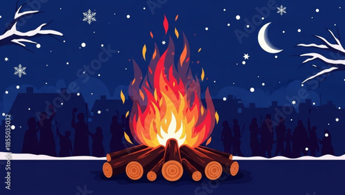Enchanting Bonfire Gathering: A vibrant bonfire casts a warm, inviting glow against a starry winter night sky, igniting a sense of community and celebration among the people. 