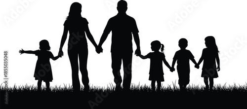 Family silhouette holding hands together, parents and children bonding, love, unity, happiness, childhood, parenting, togetherness concept illustration