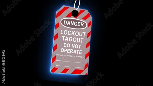 Lockout tagout safety sign hangs on industrial machinery belts to prevent operation and ensure worker protection in hazardous environments 4k video...