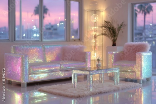 Glamour pink interior, luxurious living room with glittering rhinestone sofa and pink fluffy pillows. Sparkling glamour pink interior with iridescent table and city view at sunset.