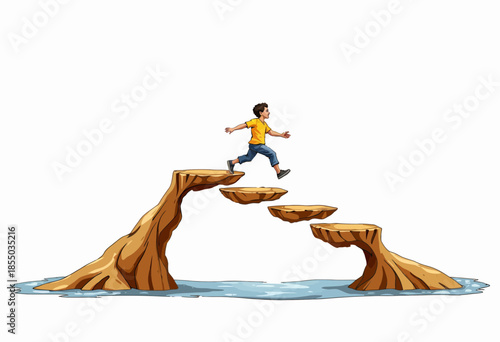 Young Boy Leaping Across Floating Stone Platforms Over Water in Hopeful Journey Illustration