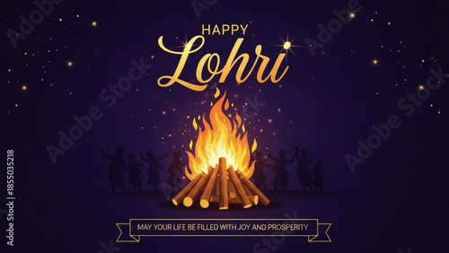 Lohri Festive: A vibrant bonfire dances under the stars, accompanied by silhouettes celebrating Lohri. The glowing flames symbolize warmth and a fresh start. A cheerful text wishes joy and prosperity.