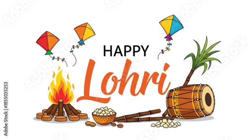 Happy Lohri Festival Graphic: Vibrant Lohri elements come to life: a blazing bonfire, kites dancing in the sky, a traditional drum, and festive treats, symbolizing warmth, joy, and community spirit.