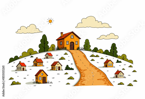 Charming Countryside Scene with Quaint Houses on a Rolling Hill Under a Sunny, Cloud-Dotted Sky in a Picturesque Rural Setting