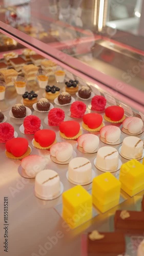 Colorful assortment of modern pastries and mousse cakes. Dessert display concept.