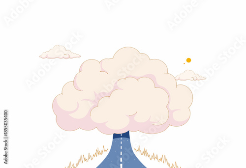 Whimsical Surreal Illustration of Puffy Cloud as Tree on Open Country Road Under Minimalist Sky