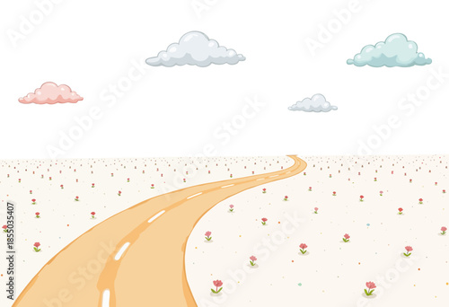 A Serene Desert Scene with a Winding Path and Colorful Flowers Under Puffy Clouds and a Clear Blue Sky Creating a Tranquil and Idyllic Landscape