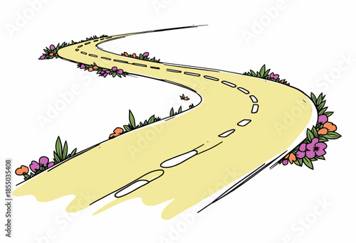 Illustration of a Winding Road with Colorful Flowers and Lush Greenery Adorning the Curved Pathway on a Clear White Background