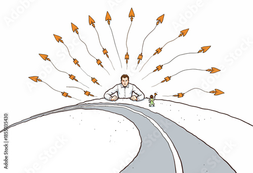 Illustration of a Person on a Road with Multiple Diverging Paths Represented by Arrows Signifying Choices, Decisions, and Directions in Life