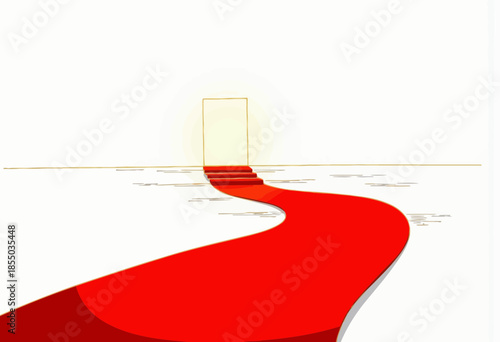 A vibrant red carpet winding towards an open door on a minimalist white background symbolizing invitation and opportunity with elegant simplicity